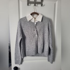 Cynthia Rowley Heather Gray Crewneck Sweater with White Ruffle Mock Collar